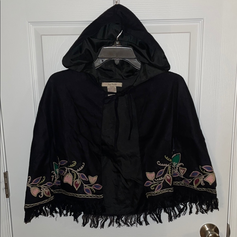 Free People Black Cape with Floral Embroidery